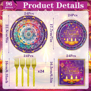 96 Pcs Happy Diwali Decoration for Home, Purple Diwali Disposable Plates Napkins forks Set for 24 Guests, Hindu Dinner Plate and Napkin Set Festival Party Decoration Supplies