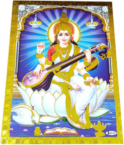 Crafts of India Goddess Saraswati Poster/Reprint Hindu Goddess Picture with Golden Foil (Unframed : Size 5
