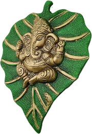 Crafts of India Leaf Shaped Divine Ganesha Brass Statue Sculpture with Spiritual Ganesha Art Print Poster (Golden)
