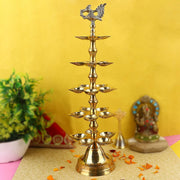 SATVIK 1 Pc Brass Panchmukhi Peacock Kerala Samai Puja Diya Kutthu Vilakku Oil Lamp Pooja 2 Step Diya Engraved Design Deepak Indian Diwali Pooja Home Mandir Office Decor Housewarming Return Gift Items