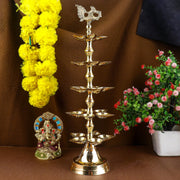 SATVIK 1 Pc Brass Panchmukhi Peacock Kerala Samai Puja Diya Kutthu Vilakku Oil Lamp Pooja 2 Step Diya Engraved Design Deepak Indian Diwali Pooja Home Mandir Office Decor Housewarming Return Gift Items