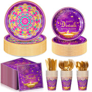 350 Pcs Happy Diwali Party Supplies India Festival of Lights Disposable Tableware Include Paper Plates Cups Napkins Knives Forks and Spoons for Diwali Indian Deepawali Hindu Party Decoration