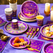 350 Pcs Happy Diwali Party Supplies India Festival of Lights Disposable Tableware Include Paper Plates Cups Napkins Knives Forks and Spoons for Diwali Indian Deepawali Hindu Party Decoration