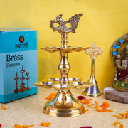 SATVIK 1 Pc Brass Panchmukhi Peacock Kerala Samai Puja Diya Kutthu Vilakku Oil Lamp Pooja 2 Step Diya Engraved Design Deepak Indian Diwali Pooja Home Mandir Office Decor Housewarming Return Gift Items