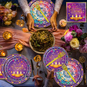 96 Pcs Happy Diwali Decoration for Home, Purple Diwali Disposable Plates Napkins forks Set for 24 Guests, Hindu Dinner Plate and Napkin Set Festival Party Decoration Supplies