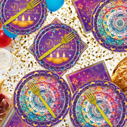 96 Pcs Happy Diwali Decoration for Home, Purple Diwali Disposable Plates Napkins forks Set for 24 Guests, Hindu Dinner Plate and Napkin Set Festival Party Decoration Supplies