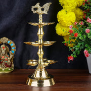 SATVIK 1 Pc Brass Panchmukhi Peacock Kerala Samai Puja Diya Kutthu Vilakku Oil Lamp Pooja 2 Step Diya Engraved Design Deepak Indian Diwali Pooja Home Mandir Office Decor Housewarming Return Gift Items