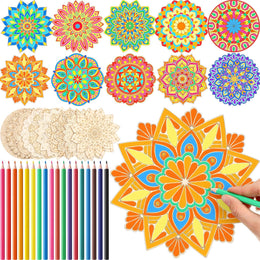 Vercraft 28 Pcs Wooden Mandala Painting Set Diwali Crafts Include 10 Unfinished Wood Cutouts with 18 Colored Pencil for Making Kit Mandala Crafts for Painting DIY Home Decors(Classic Style)