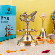 SATVIK 1 Pc Brass Panchmukhi Peacock Kerala Samai Puja Diya Kutthu Vilakku Oil Lamp Pooja 2 Step Diya Engraved Design Deepak Indian Diwali Pooja Home Mandir Office Decor Housewarming Return Gift Items