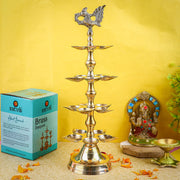 SATVIK 1 Pc Brass Panchmukhi Peacock Kerala Samai Puja Diya Kutthu Vilakku Oil Lamp Pooja 2 Step Diya Engraved Design Deepak Indian Diwali Pooja Home Mandir Office Decor Housewarming Return Gift Items
