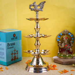SATVIK 1 Pc Brass Panchmukhi Peacock Kerala Samai Puja Diya Kutthu Vilakku Oil Lamp Pooja 2 Step Diya Engraved Design Deepak Indian Diwali Pooja Home Mandir Office Decor Housewarming Return Gift Items