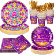 350 Pcs Happy Diwali Party Supplies India Festival of Lights Disposable Tableware Include Paper Plates Cups Napkins Knives Forks and Spoons for Diwali Indian Deepawali Hindu Party Decoration