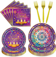 96 Pcs Happy Diwali Decoration for Home, Purple Diwali Disposable Plates Napkins forks Set for 24 Guests, Hindu Dinner Plate and Napkin Set Festival Party Decoration Supplies