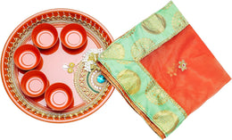 Designer Handcrafted Platter Engagement Plate Decorative Steel Puja Thali with Puja Thali Cover Essential Pooja Articles for Aarti Pooja Rituals Navratri Festival Decorations Gifting (Size:-10