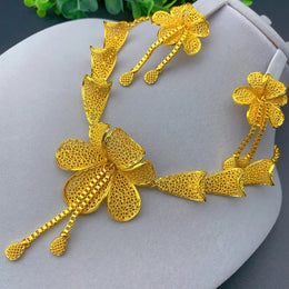 African Flower Necklace Earrings Jewelry Set For Women 24K Gold Plated Dubai Indian Nigeria Bridal Wedding Party Gift Jewellery
