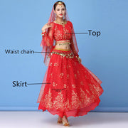 Bollywood Dress Costume Women Set Indian Dance Sari Belly Dance Performance Clothes Chiffon Top Skirt Waist Chain 2/3/5/8pcs Set