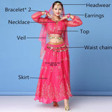 Bollywood Dress Costume Women Set Indian Dance Sari Belly Dance Performance Clothes Chiffon Top Skirt Waist Chain 2/3/5/8pcs Set