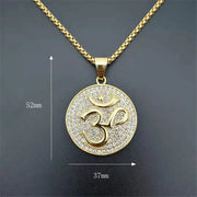 હિપ હોપ આઈસ્ડ આઉટ રાઉન્ડ ભારતીય યોગ પેન્ડન્ટ ગળાનો હાર સ્ટેનલેસ સ્ટીલ OHM હિન્દુ બૌદ્ધ AUM OM ગળાનો હાર સોનાનો રંગ ભારતીય ઘરેણાં