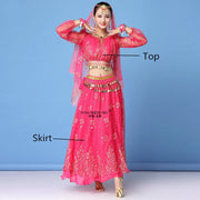 Bollywood Dress Costume Women Set Indian Dance Sari Belly Dance Performance Clothes Chiffon Top Skirt Waist Chain 2/3/5/8pcs Set