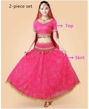Bollywood Belly Dance Costume Set Indian Dance Sari 2/3/4/5pcs Chiffon Belly Dance Clothing Women Oriental Dance Practice Suit