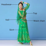 Bollywood Dress Costume Women Set Indian Dance Sari Belly Dance Performance Clothes Chiffon Top Skirt Waist Chain 2/3/5/8pcs Set