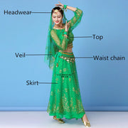 Bollywood Dress Costume Women Set Indian Dance Sari Belly Dance Performance Clothes Chiffon Top Skirt Waist Chain 2/3/5/8pcs Set