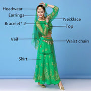 Bollywood Dress Costume Women Set Indian Dance Sari Belly Dance Performance Clothes Chiffon Top Skirt Waist Chain 2/3/5/8pcs Set