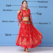Bollywood Dress Costume Women Set Indian Dance Sari Belly Dance Performance Clothes Chiffon Top Skirt Waist Chain 2/3/5/8pcs Set