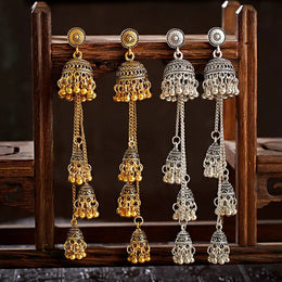 Retro Bollywood Oxidized Women Jhumka Indian Earrings Femmes 2020 Ethnic Gold Silver Color Afghan Bell Long Tassel Drop Earrings