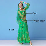 Bollywood Dress Costume Women Set Indian Dance Sari Belly Dance Performance Clothes Chiffon Top Skirt Waist Chain 2/3/5/8pcs Set