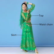 Bollywood Dress Costume Women Set Indian Dance Sari Belly Dance Performance Clothes Chiffon Top Skirt Waist Chain 2/3/5/8pcs Set
