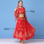 Bollywood Dress Costume Women Set Indian Dance Sari Belly Dance Performance Clothes Chiffon Top Skirt Waist Chain 2/3/5/8pcs Set
