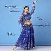 Bollywood Dress Costume Women Set Indian Dance Sari Belly Dance Performance Clothes Chiffon Top Skirt Waist Chain 2/3/5/8pcs Set