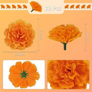 Artificial Orange Carnation Flowers Marigold Flowers Silk Cloth Decoration for Indian Festival Backdrop Parties 30 Pcs