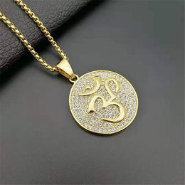 Hip Hop Iced Out Round Indian Yoga Pendant Necklace Stainless Steel OHM Hindu Buddhist AUM OM Necklace Gold Color India Jewelry