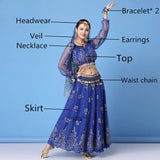 Bollywood Dress Costume Women Set Indian Dance Sari Belly Dance Performance Clothes Chiffon Top Skirt Waist Chain 2/3/5/8pcs Set