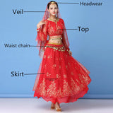 Bollywood Dress Costume Women Set Indian Dance Sari Belly Dance Performance Clothes Chiffon Top Skirt Waist Chain 2/3/5/8pcs Set