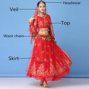 Bollywood Dress Costume Women Set Indian Dance Sari Belly Dance Performance Clothes Chiffon Top Skirt Waist Chain 2/3/5/8pcs Set
