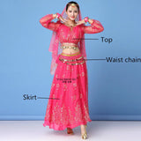 Bollywood Dress Costume Women Set Indian Dance Sari Belly Dance Performance Clothes Chiffon Top Skirt Waist Chain 2/3/5/8pcs Set