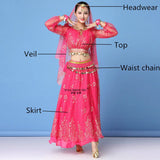 Bollywood Dress Costume Women Set Indian Dance Sari Belly Dance Performance Clothes Chiffon Top Skirt Waist Chain 2/3/5/8pcs Set