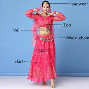 Bollywood Dress Costume Women Set Indian Dance Sari Belly Dance Performance Clothes Chiffon Top Skirt Waist Chain 2/3/5/8pcs Set