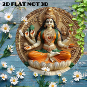 2D Flat Round Aluminum Wall Art Decor - Laxmi Goddess on For Lotus, Vibrant Hindu Deity Design, Religious, Indian Home Decor