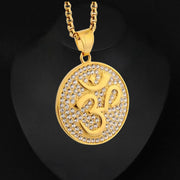 Hip Hop Iced Out Indian Buddhist Yoga Pendant Gold Color Stainless Steel Zircon OHM Hindu AUM OM Round Necklaces for Men Jewelry