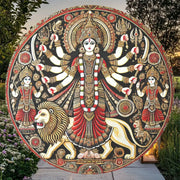 2D Flat, Vintage Indian Goddess Durga Wall Art, 8x8In/11.8x11.8In Round Aluminum Plaque with Intricate Traditional Design