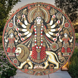 2D Flat, Vintage Indian Goddess Durga Wall Art, 8x8In/11.8x11.8In Round Aluminum Plaque with Intricate Traditional Design
