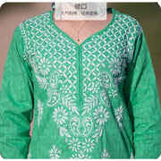 મહિલાઓની ભરતકામવાળી કુર્તી ભારતીય/પાકિસ્તાની ટ્યુનિક ટોપ વસંત ઉનાળામાં પાતળો પરંપરાગત દક્ષિણ એશિયન ડ્રેસ ટોપ લીલો બ્લાઉઝ કોટન