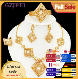 GZJPEI Dubai Gold Color Jewelry Sets African Indian Wedding Gifts Square Pendant Necklace Bracelet Earring Ring 4Pcs/Set 2025