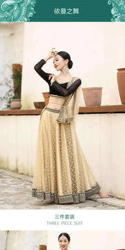 ન્યૂ યિમન એક્ઝોટિક ઇન્ડિયન ડાન્સ ડ્રેસ એથનિક સ્ટાઇલ ફીમેલ બેલી ડાન્સ સ્કાર્ફ ટોપ લાર્જ સ્વિંગ સ્કર્ટ લેન્ઘા સેટ