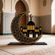 Ramadan Kareem Eid Mubarak Table Decorations - Wooden Tabletop, Black Gold Islamic Ramadan Decoration for Home Party