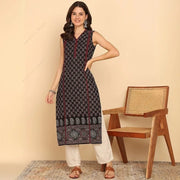 ભારતીય વંશીય શૈલીની મહિલાઓનો કાળો લીલો કોટન કુર્તા ટ્યુનિક ટોપ સ્લીવલેસ પેસલી પ્રિન્ટ સમર વેર કેઝ્યુઅલ કુર્તી ડ્રેસ